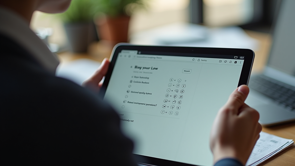 Close-up view of a person taking an online behavioral test on a tablet
