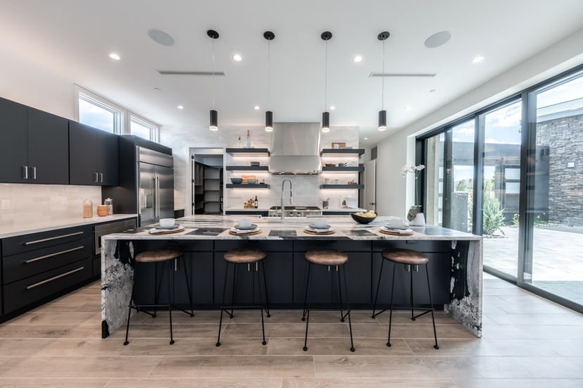 Residential Custom Home Design Reno Nevada Kitchen Bathroom Living Garage Stairs Patio Livingroom Outdoor Space Firepit Entertaining Architecture