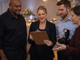 Wedding DJ collaborating with planner and photographer during reception setup