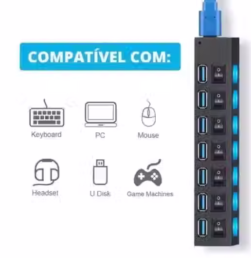 Miniatura: Hub USB 2.0 com 7 portas para pendrive externo, régua e extensão para PC.