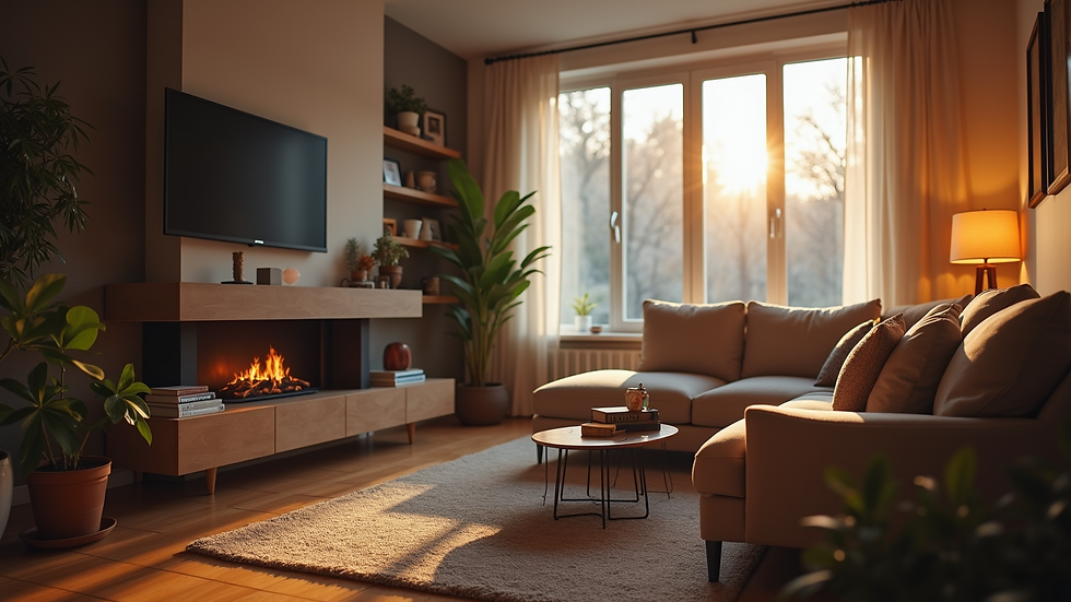 Eye-level view of a cozy living room setup for streaming