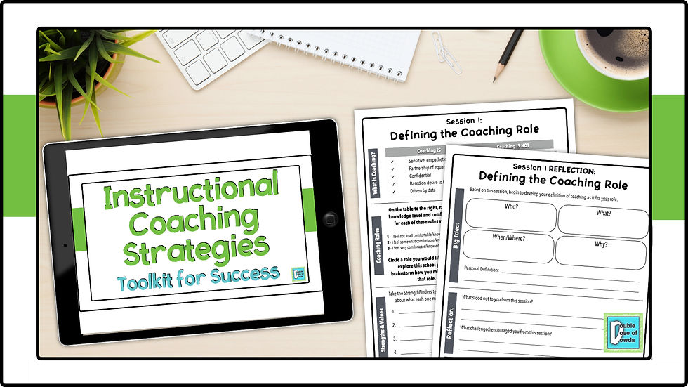 A desk with papers and iPad displaying "Instructional Coaching Strategies Toolkit for Success"