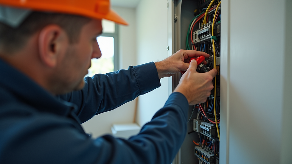 Close-up view of an electrician testing fixed wiring in a residential panel
