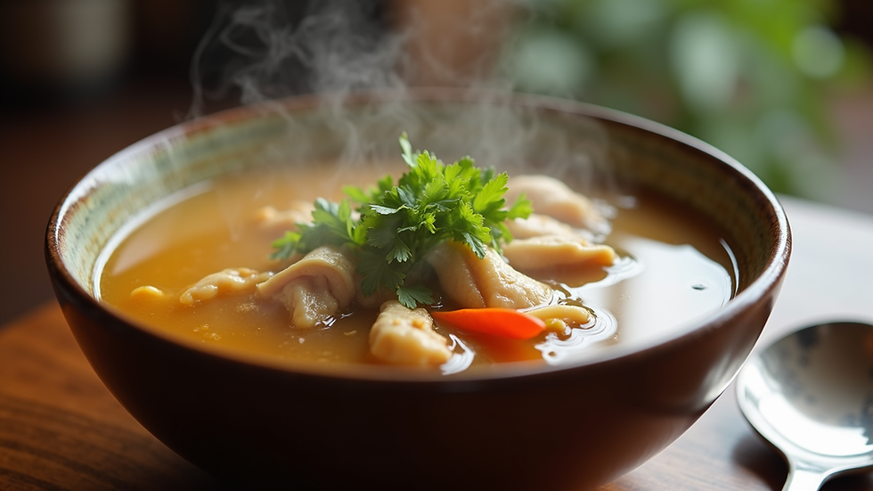 Close-up view of a steaming bowl of traditional chicken soup