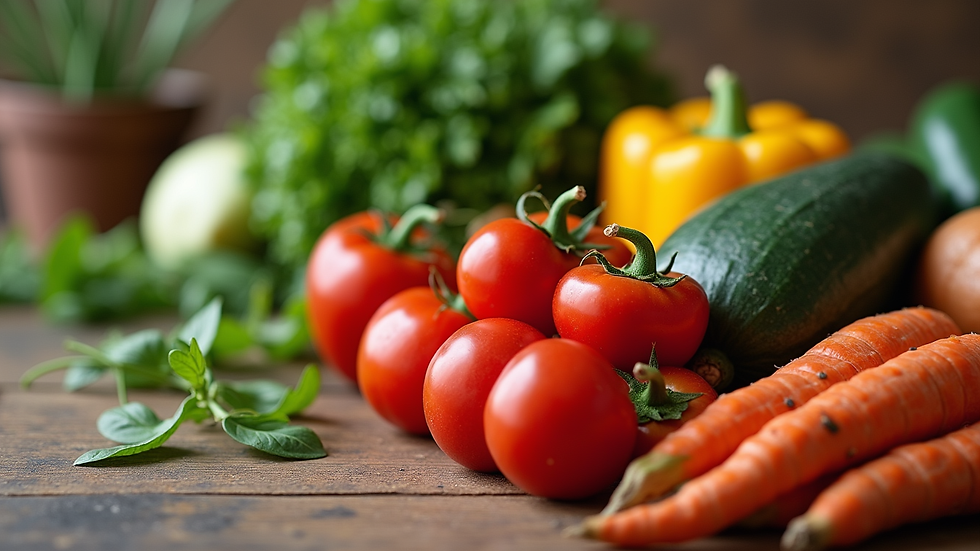 Close-up view of seasonal vegetables arranged on a kitchen table