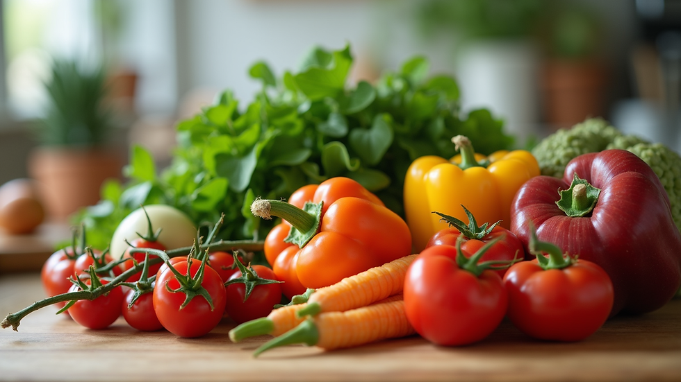Close-up view of fresh seasonal vegetables on a kitchen counter