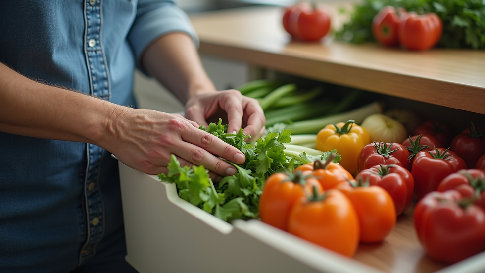 Close-up of a middle-aged person organizing fresh vegetables in a kitchen drawer