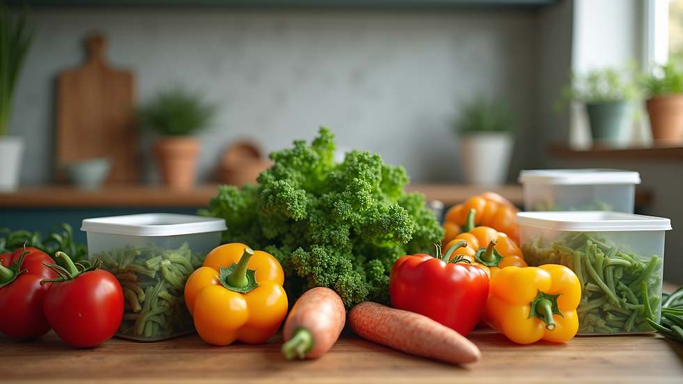 Eye-level view of a kitchen counter with fresh vegetables and meal prep containers