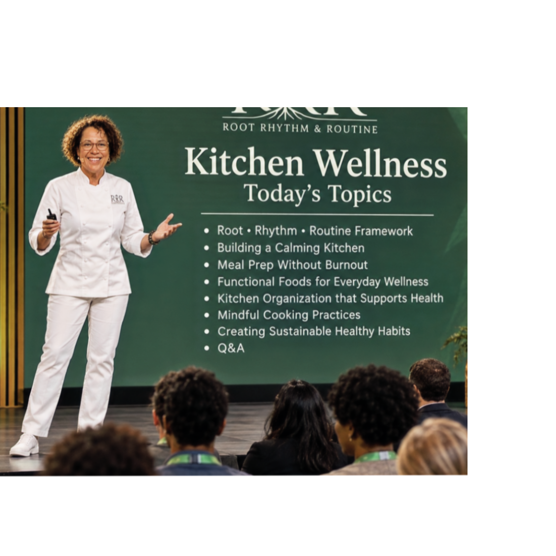 Woman speaking at Kitchen Routine Wellness engagement
