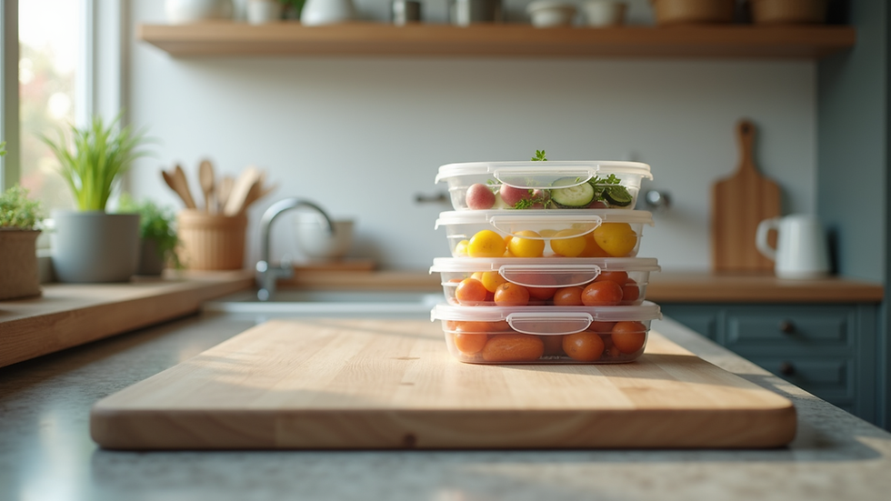 Eye-level view of a kitchen counter with neatly organized meal prep containers