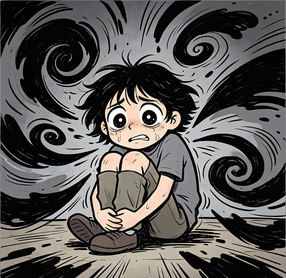 A cartoon showing a boy suffering from a panic attack
