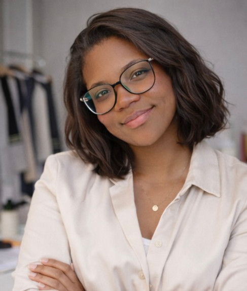 woman smirking at camera, wearing cream colored button down, white cami underneath, dainty circular necklace, shoulder length necklace, and glasses. behind her is blurred rack of clothes inside of a room.