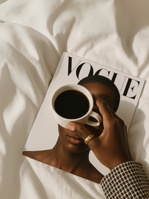 Woman's hand on coffee, above a vogue magazine with a woman facial profile