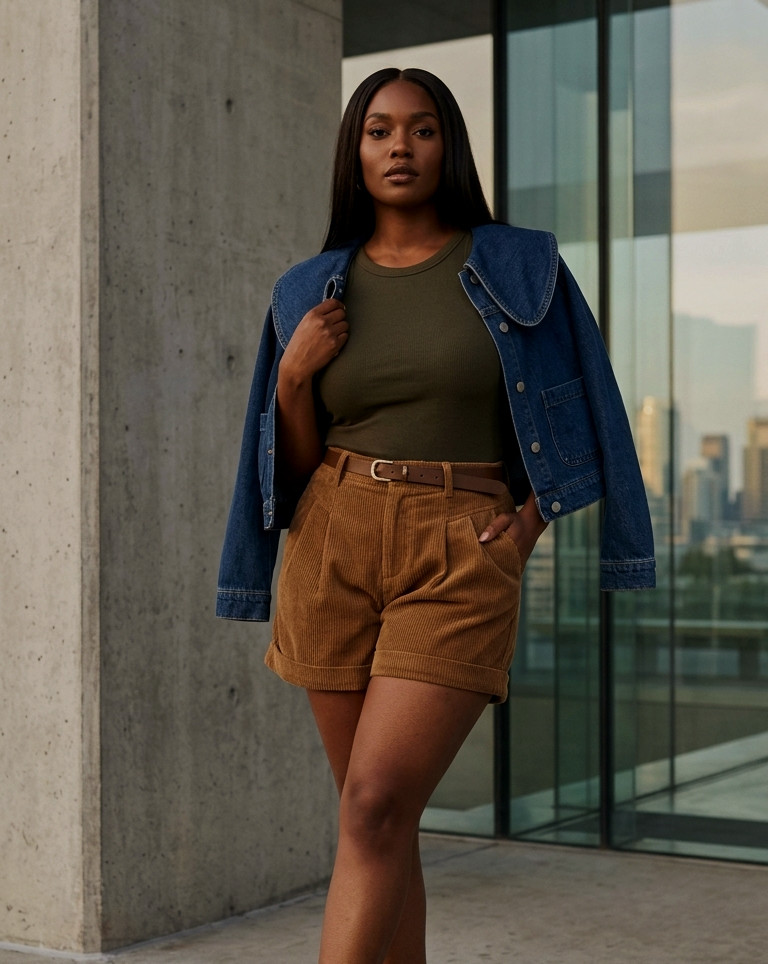 Woman posing for camera, in courdoury shorts, olive tank, indigo cropped jacket and brown