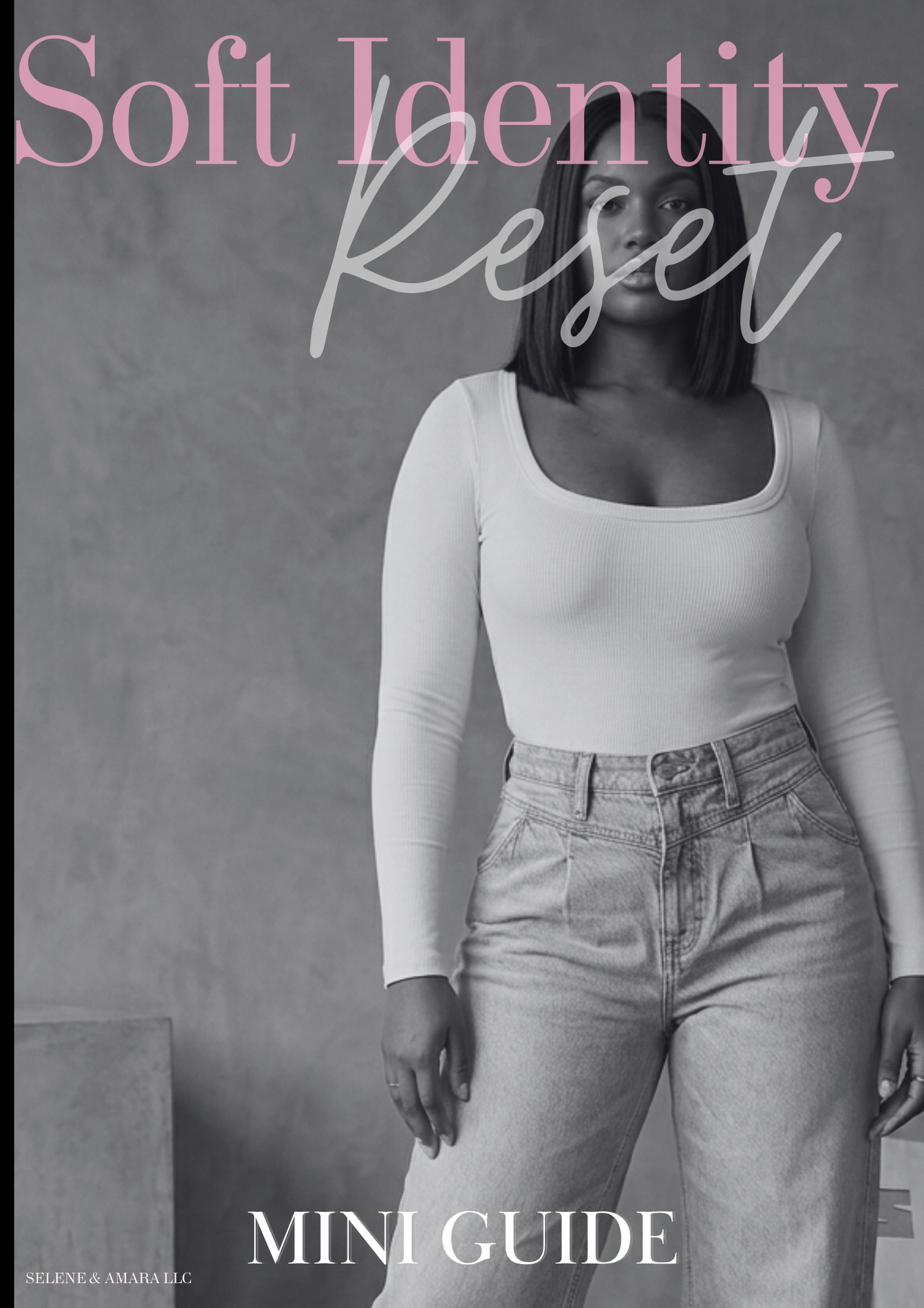 Woman standing looking at camera, hair shoulder length, Soft Identity reset Mini guide text says.