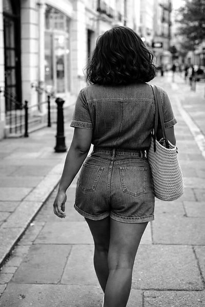 woman walking away in denim jumpsuit and carrying a tote, she has short hair facing away from the camer.  
