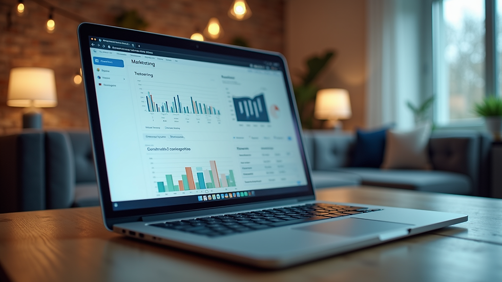 Eye-level view of a laptop with marketing analytics on screen