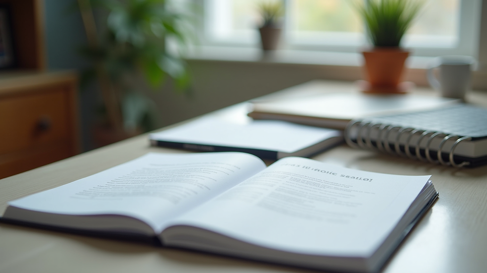 Close-up of a desk with marketing books and a notebook