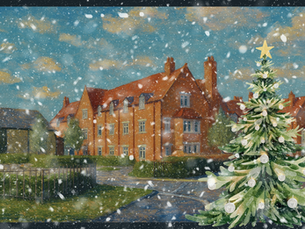 an illustrated snowy picture of haddenham park care home with a christmas tree