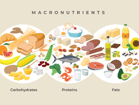 infographic about macronutrients. 3 circles with different foods representing fats, protein and carbs