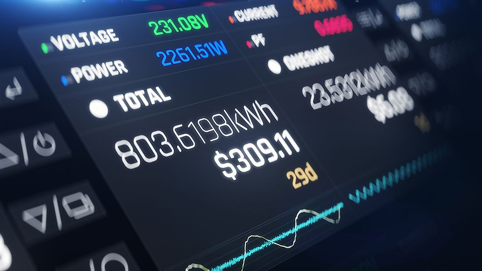 Energy monitoring screen showing graphs, charts and figures