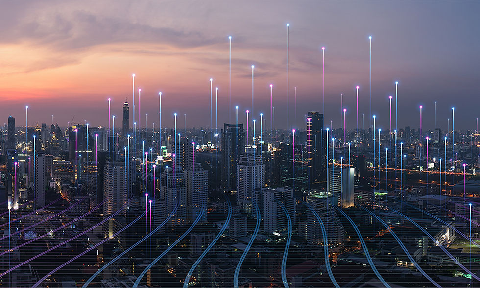 Smart city with overlaid lines representing the collection of data