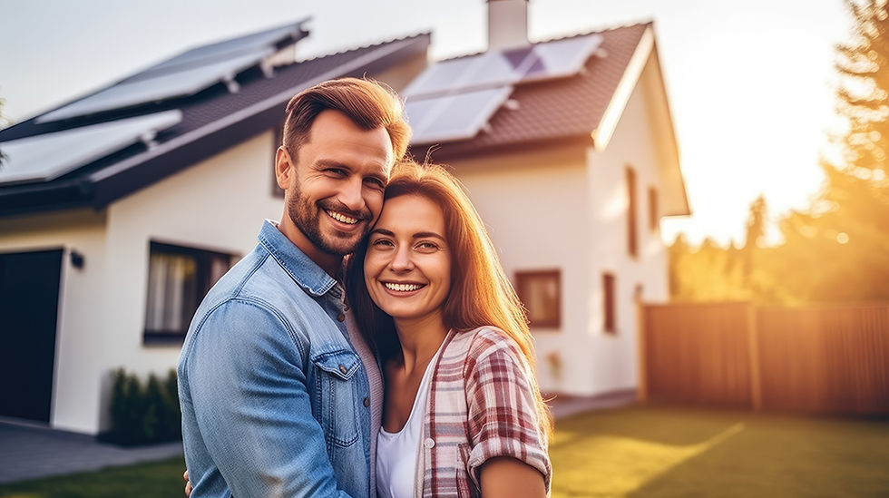 A couple stood in front of house with solar panels looking happy