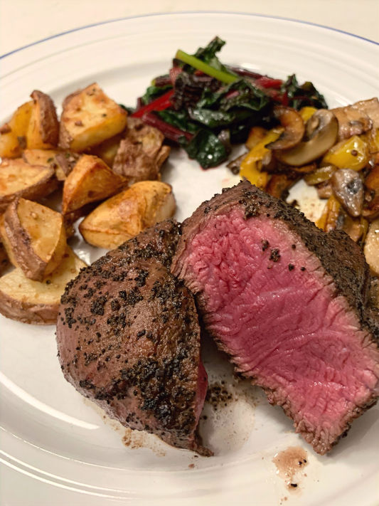 Coffee Rubbed Filet, Fresh Swiss Chard and Howe Island Potatoes