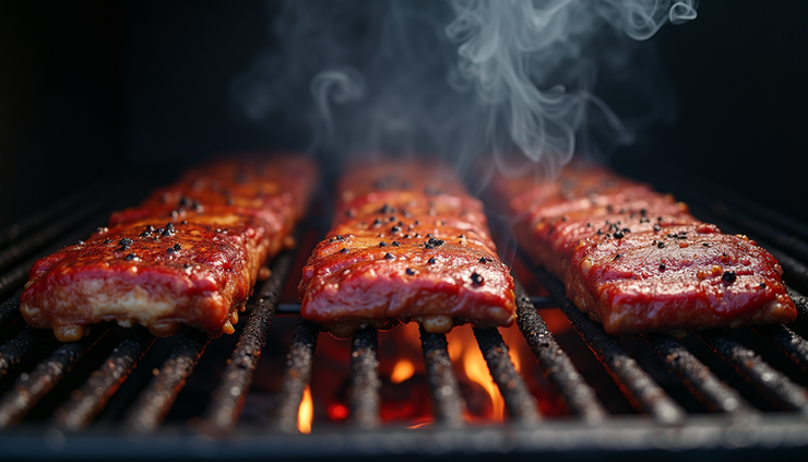 Eye-level view of ribs being smoked in a traditional BBQ smoker