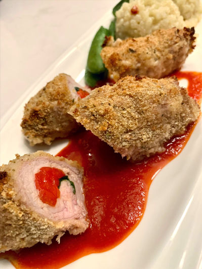 Stuffed Milk Fed Veal Rolandes, Parmesan Risotto & Snapped Peas