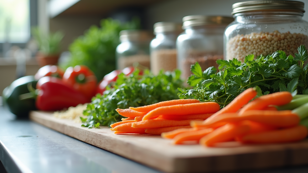 Eye-level view of a kitchen counter with prepped vegetables and grains in containers