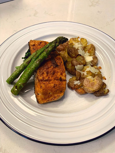 Asian Atlantic Salmon, Smashed Potatoes, Fresh Garden Spinach & Grilled Ontario Asparagus