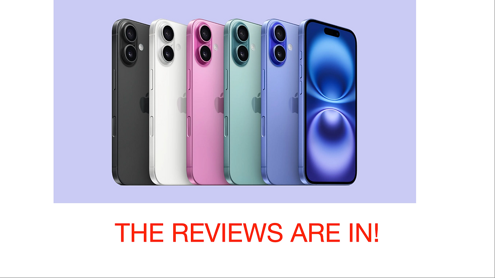 An Apple press image of the iPhone 16 color lineup with red 100pt text "THE REVIEWS ARE IN!" under it. White background. 