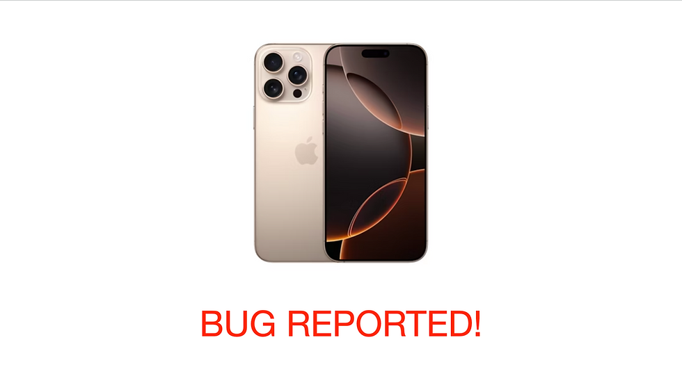 A Desert Titanium iPhone 16 Pro with red, 100pt text "BUG REPORTED!" under it. White background.