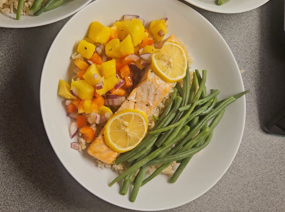 salmon with zesty mango salsa on brown rice