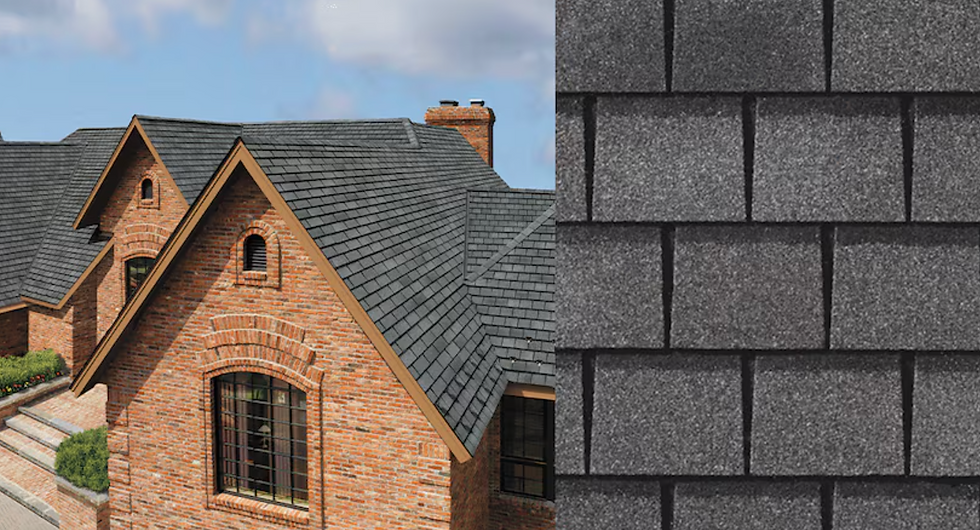 Brick home with steep gables featuring dark gray slate-style shingles, alongside a close-up of textured designer asphalt shingles.