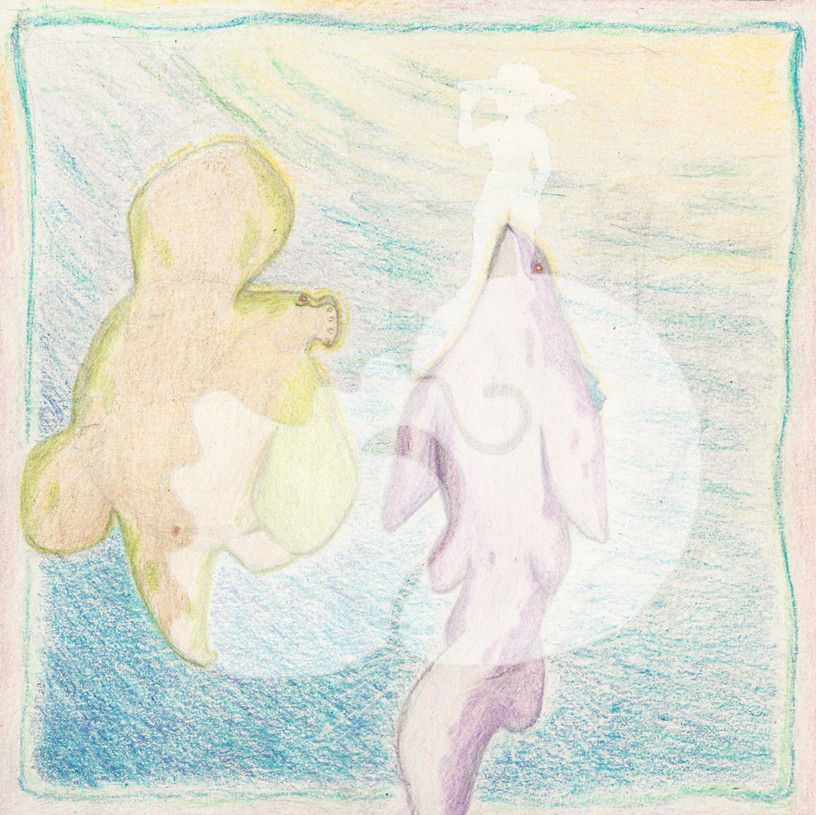 Image description: Sea Blat and Kildacroc, two gigantic sea reptiles, rise toward the surface and dawn sun.