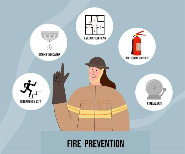 Firefighter points up, surrounded by fire safety icons: smoke indicator, evacuation plan, extinguisher, emergency exit, and alarm. Text: Fire Prevention.