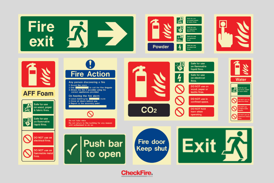 Various fire safety signs include fire exit directions, fire extinguisher types, and emergency procedures. Bright colors, arrows, and text.