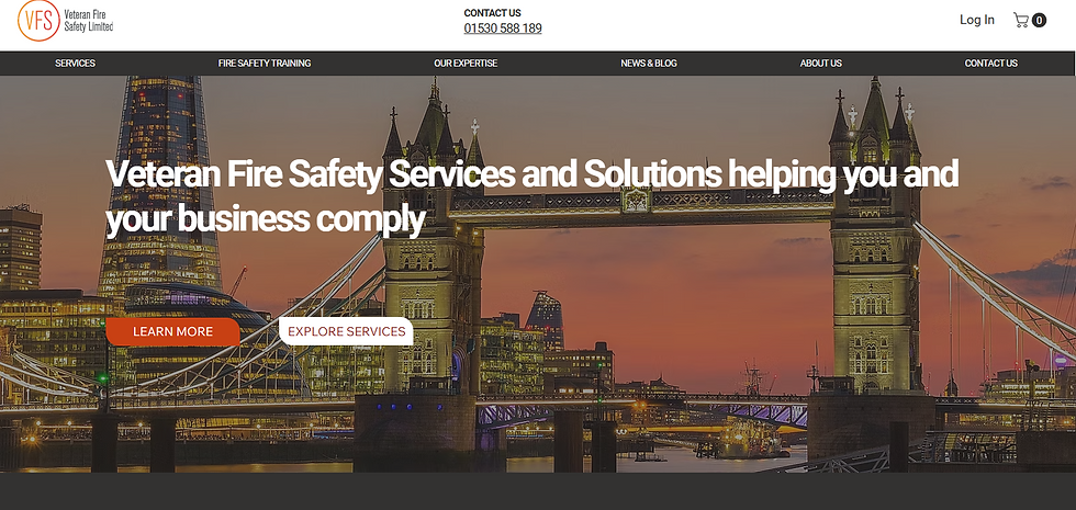 Tower Bridge at sunset with city lights. Text: "Veteran Fire Safety Services," buttons: "Learn More" and "Explore Services."