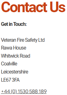 Contact information for Veteran Fire Safety Ltd in Coalville, UK, with address and phone number. "Contact Us" is in bold red text.