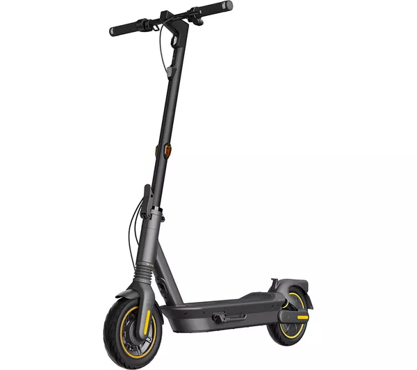 Black electric scooter with yellow accents on wheels, shown against a plain white background. Sleek and modern design.