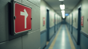 Eye-level view of a clearly marked fire escape route sign on a hallway wall