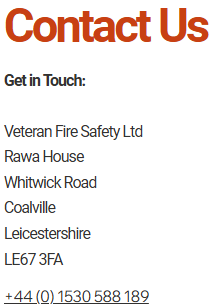 Contact details for Veteran Fire Safety Ltd with address and phone number in bold text. Prominent "Contact Us" heading in red.