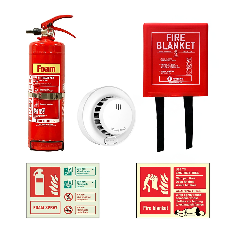 Red fire extinguisher, smoke alarm, and fire blanket in white setting. Instructions and safety icons visible.