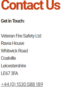 Contact information for Veteran Fire Safety Ltd with address in Coalville, Leicestershire. Bold "Contact Us" at the top.