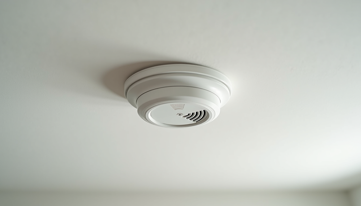 Close-up of a smoke alarm mounted on a ceiling