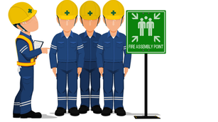 Four workers in blue uniforms and yellow helmets stand by a "Fire Assembly Point" sign. One holds a clipboard, pointing at them.