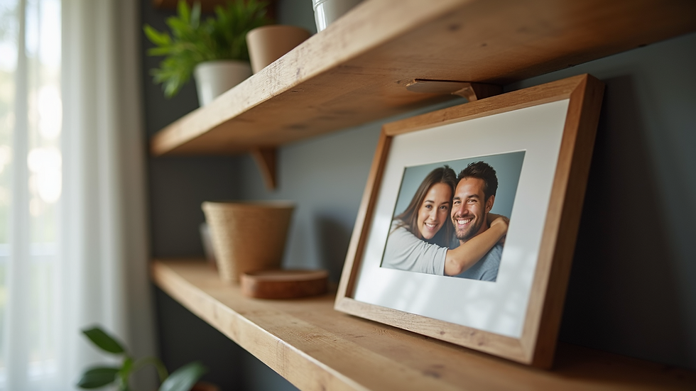 High angle view of a framed family portrait displayed on a wooden shelf
