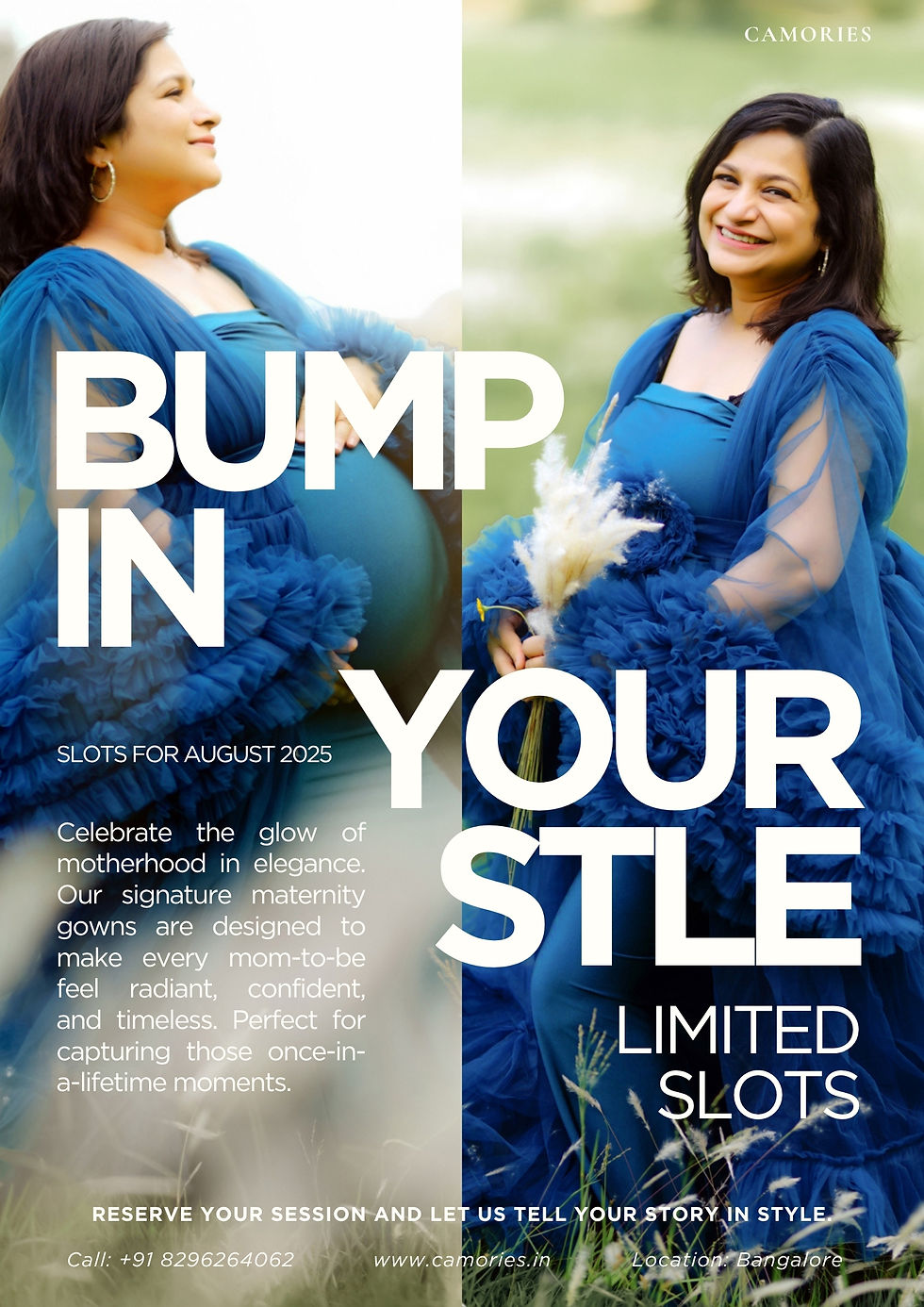 Pregnant woman in an elegant blue maternity gown posing outdoors and smiling, promoting Camories’ 'Bump in Your Style' maternity photoshoot in Bangalore with limited slots for August 2025.